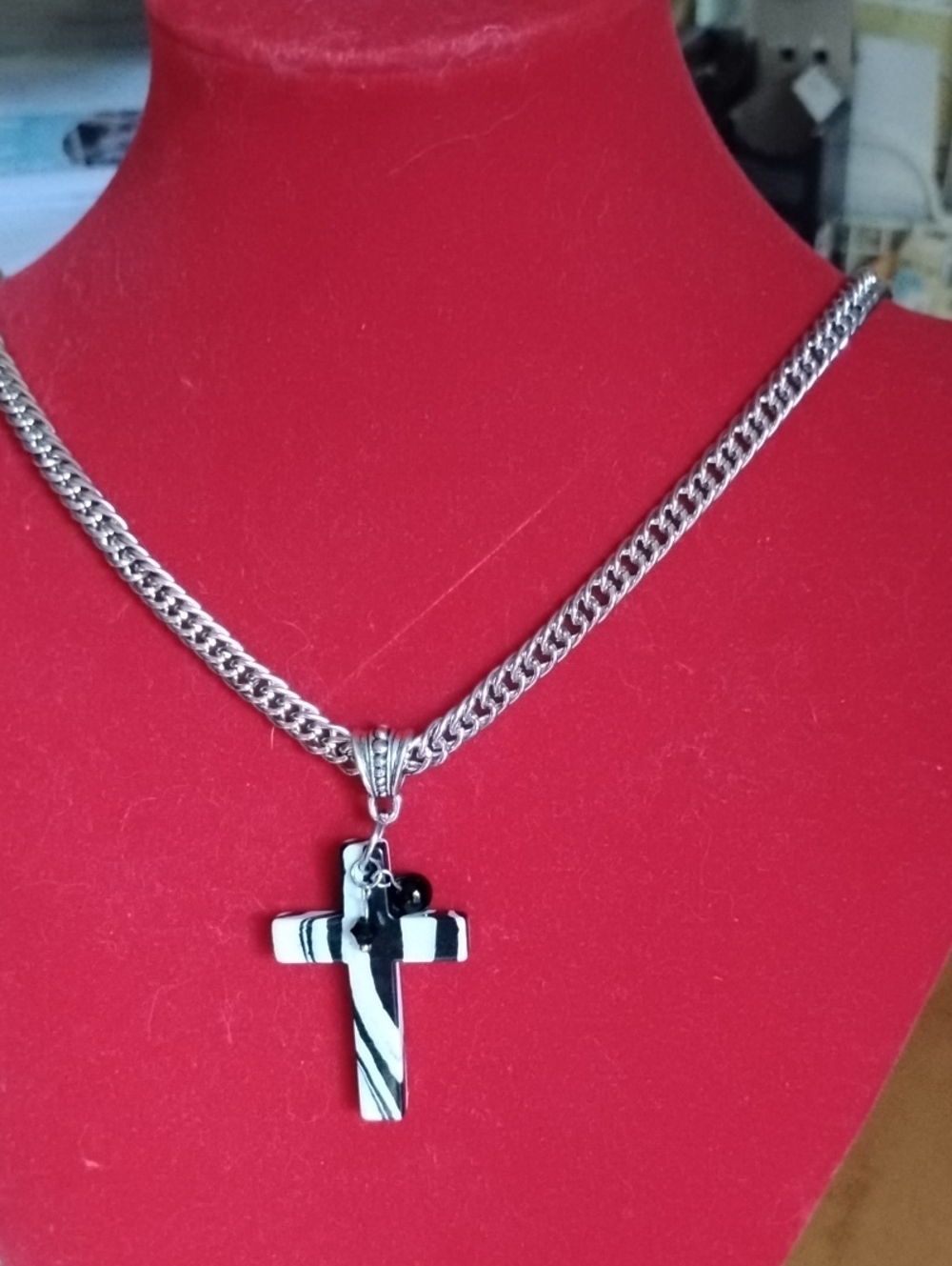 Silver Chain Necklace with Black & White Calsilica Cross Pendant Handcrafted